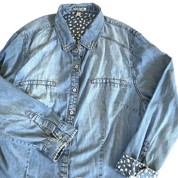 Per Se Shirt Denim Studs Roll Flip Sleeve Floral Blue 1X Button Hippie Boho Y2K - Picture 2 of 16